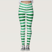 Natuur Groen Wit Horizontale Glitter Strepen Leggings (Voorkant)