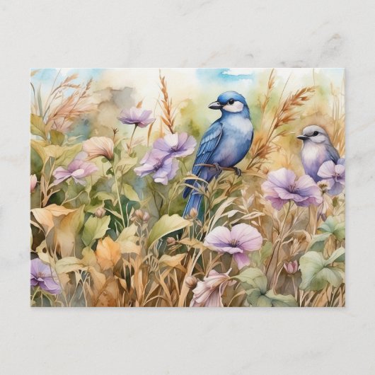 Natuur Illustratie met Vogels en Wildbloemen Briefkaart (Voorkant)