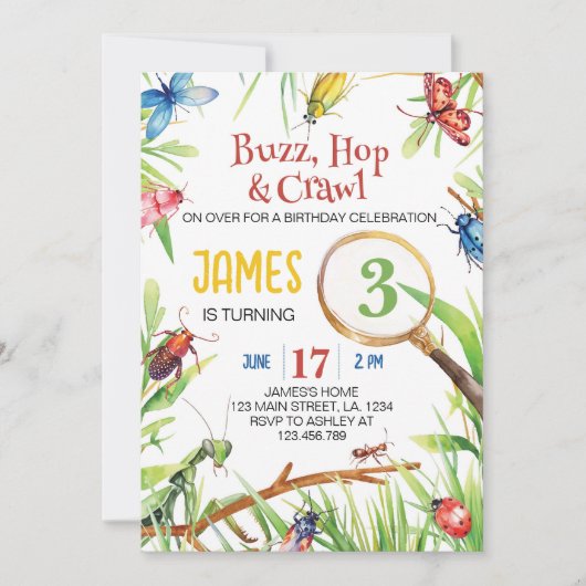 Natuur insectenbeestjes verjaardagsuitnodiging kaart (Voorkant)