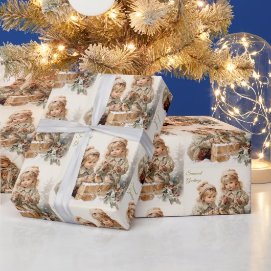  Natuur Kerstmis Kinderen met Vogels Cadeaupapier (Feestdagen)