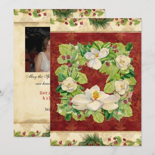 Natuur Kerstmis Magnolia Wreath n Pine Boughs Feestdagenkaart (Voorkant / Achterkant)