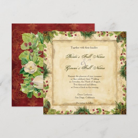 Natuur Kerstmis Magnolia Wreath n Pine Boughs Kaart (Voorkant / Achterkant)