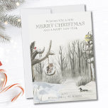 Natuur Kerstmis midden winter Snowy Woodland Feestdagenkaart<br><div class="desc">Gepersonaliseerde kerstkaart met volledig bewerkbare tekst. Het ontwerp omvat een midwinter bos natuur scène met de warme gloed van een straatlamp,  een eend op het meer,  een uil op de vleugel en een rover in de boom.</div>