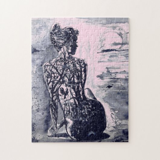 Natuur Lady - zwart-wit Waterverf schilderen Legpuzzel (Verticaal)