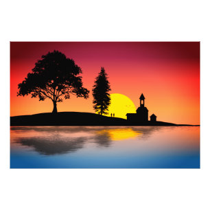 Natuur Lake Trees Paar Silhouette Kunstwerk-57178 Foto Afdruk