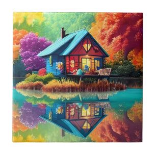 Natuur landschap met Cottage en Lake-38566 Tegeltje