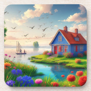 Natuur landschap met Cottage en Lake,-434567 Bier Onderzetter