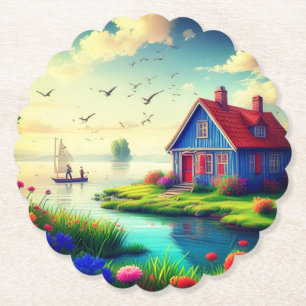 Natuur landschap met Cottage en Lake,-434567 Kartonnen Onderzetters