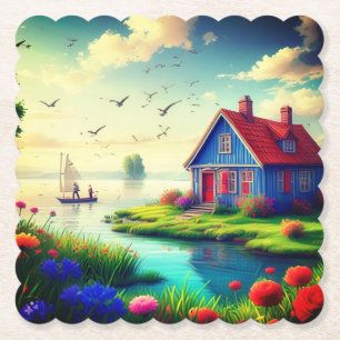 Natuur landschap met Cottage en Lake,-434567 Kartonnen Onderzetters