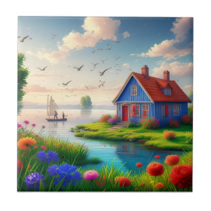 Natuur landschap met Cottage en Lake,-434567 Tegeltje