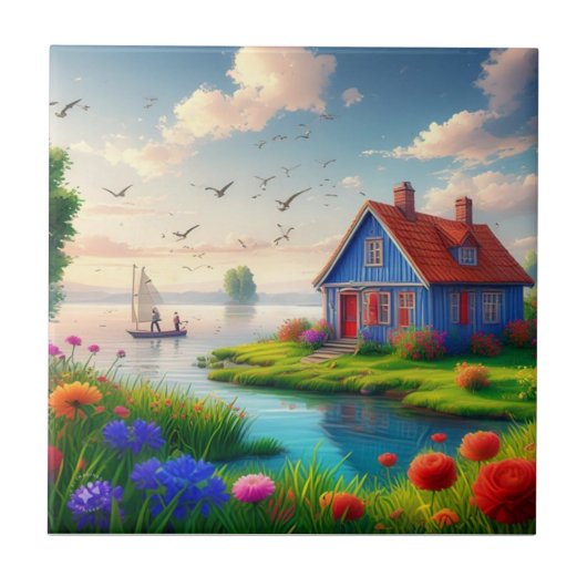 Natuur landschap met Cottage en Lake,-434567 Tegeltje (Voorkant)