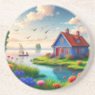 Natuur landschap met Cottage en Lake,-434567 Zandsteen Onderzetter