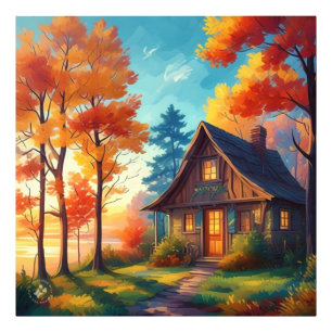 Natuur landschap met een huisje in het bos foto afdruk
