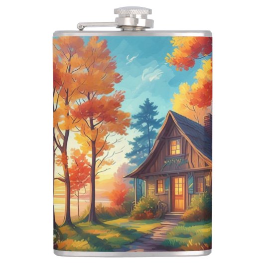 Natuur landschap met een huisje in het bos heupfles (Voorkant)