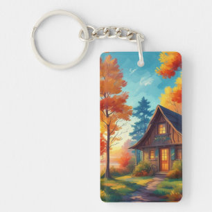 Natuur landschap met een huisje in het bos sleutelhanger