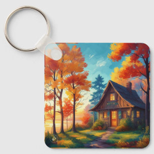 Natuur landschap met een huisje in het bos sleutelhanger