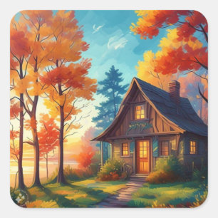 Natuur landschap met een huisje in het bos vierkante sticker