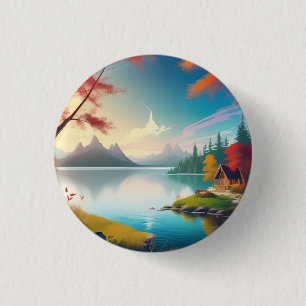 Natuur landschap met een meer en huisje ronde button 3,2 cm