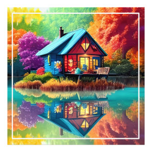 Natuur Landschap met meer, Cottage, Herfst Foto Afdruk