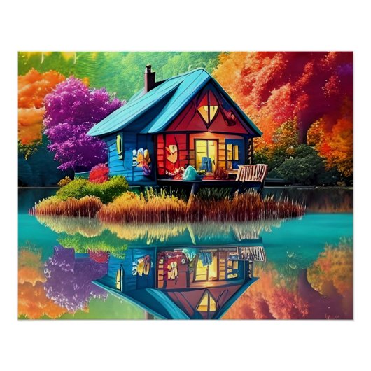 Natuur Landschap met meer, Cottage, Herfst Perfect Poster (Voorkant)