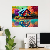 Natuur Landschap met meer, Cottage, Herfst Poster (Thuiskantoor)
