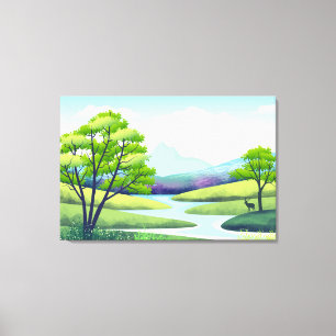 Natuur Landschap met Meer en Herten Canvas Afdruk