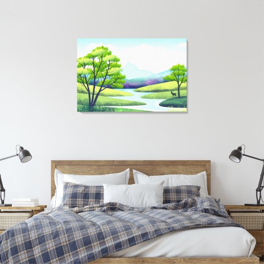 Natuur Landschap met Meer en Herten Canvas Afdruk (Insitu (Slaapkamer))