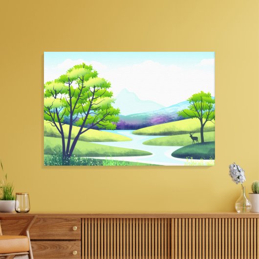 Natuur Landschap met Meer en Herten Canvas Afdruk (Insitu (Woonkamer))