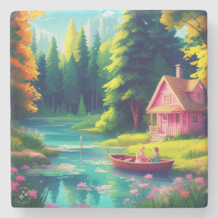 Natuur landschap met Roze Cottage-68486 Stenen Onderzetter