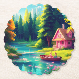 Natuur landschap met roze huisje-68486 kartonnen onderzetters