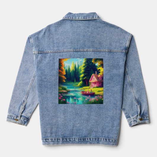Natuur landschap met roze huisje denim jacket (Achterkant)