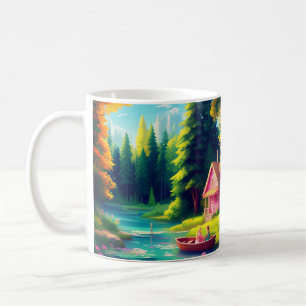 Natuur landschap met roze huisje koffiemok