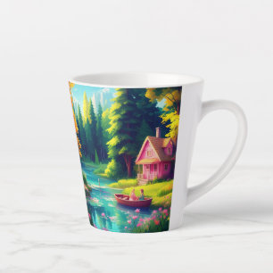 Natuur landschap met roze huisje latte mok