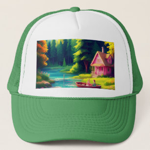 Natuur landschap met roze huisje trucker pet