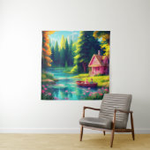 Natuur landschap met roze huisje wandkleed (In situ)