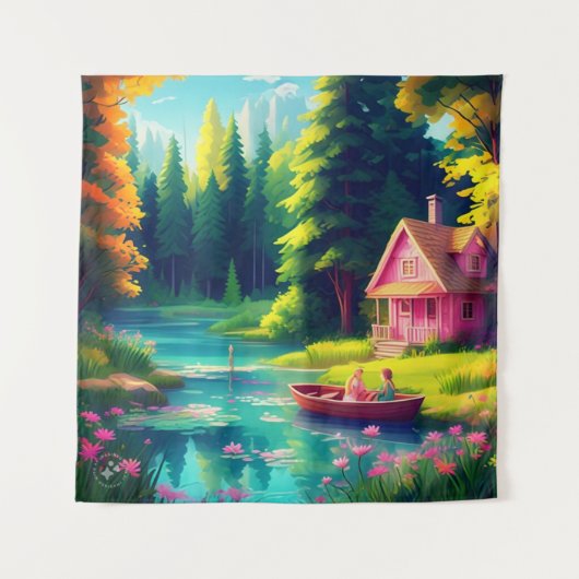 Natuur landschap met roze huisje wandkleed (Voorkant)