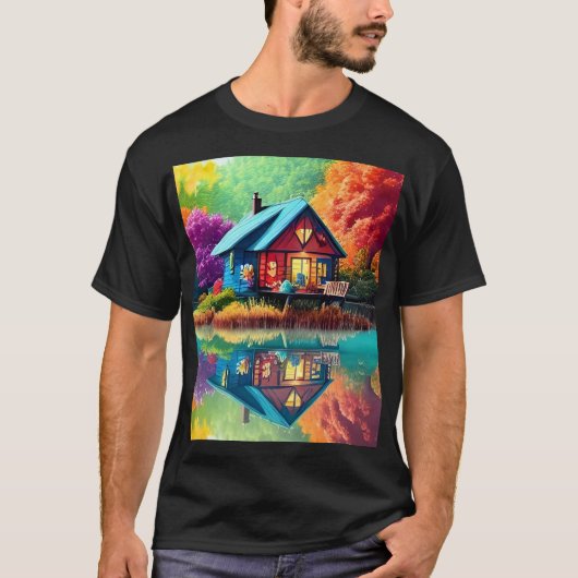 Natuur Landschapsillustratie met Lake Cottage T-shirt (Voorkant)