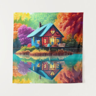 Natuur Landschapsillustratie met Lake Cottage Wandkleed