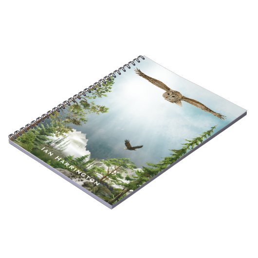 Natuur Lover Owl Monogram Naam Berglandschap Notitieboek (Linkerzijde)
