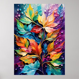 Natuur muurkunst, levendige kleur bladeren dauwdru poster