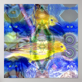 Natuur reflecteert I - Goud en blauwe vogels Poster