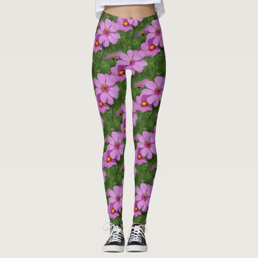Natuur roze kosmos Flowers Patroon Leggings (Voorkant)