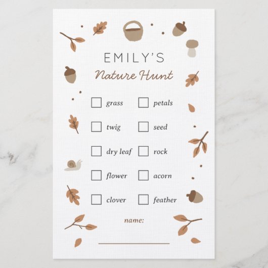Natuur Scavenger Hunt kinderen Birthday Checklist Briefpapier (Voorkant)