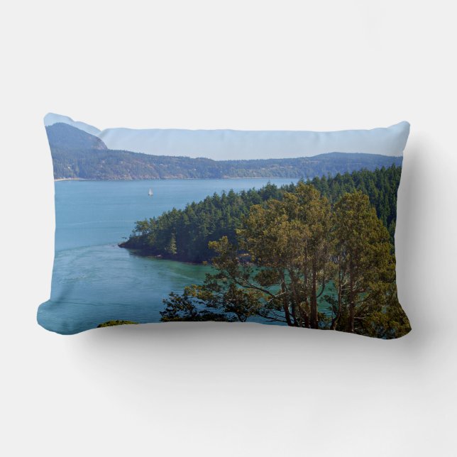 Natuur scène, waterscène, blauw en bosgroen kussen (Voorkant)