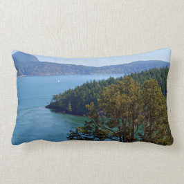 Natuur scène, waterscène, blauw en bosgroen kussen