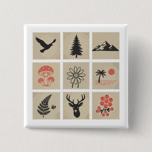 Natuur stempel collage vierkante button 5,1 cm (Voorkant)