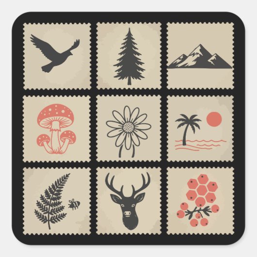 Natuur stempelcollage vierkante sticker (Voorkant)