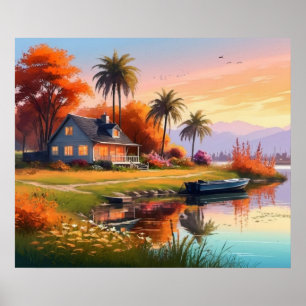 Natuur Sunset Schilderen met Lake, Cottage Poster
