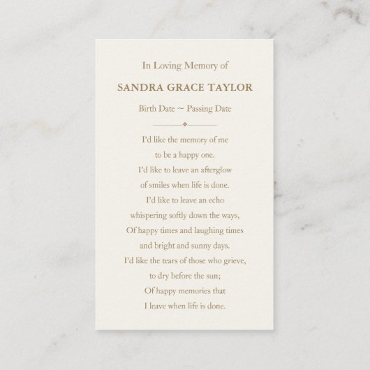 Natuur Sympathy Funeral Memorial Kaart Visitekaartje (Achterkant)