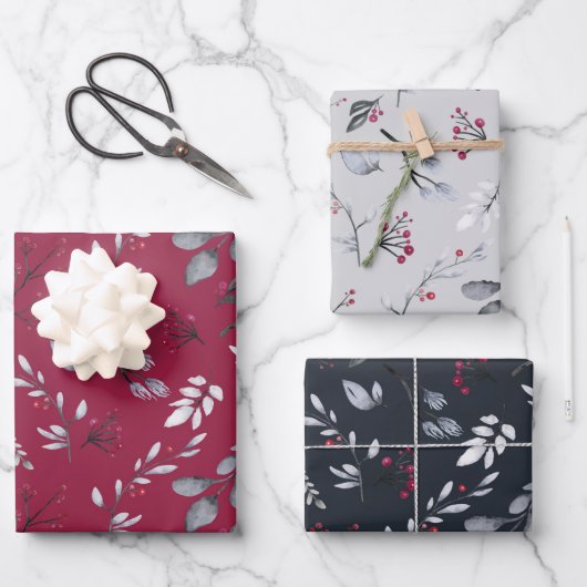 Natuur thema botanische bessen & bladeren kerst inpakpapier vel (Voorkant)